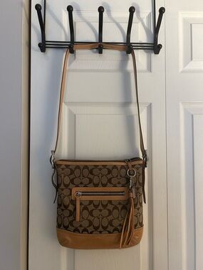 Coach Brown Signature Canvas Crossbody with Tan Leather Trim